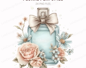 24 Floral Perfume PNG – Watercolor Fragrance Bottles with Blooming Flowers, Clipart for Digital Crafting And Scrapbooking, Commercial Use