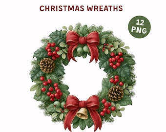 Christmas Wreaths Clipart – 12 PNG Whimsical Holiday Wreaths, Winter Decoration for Greeting Cards
