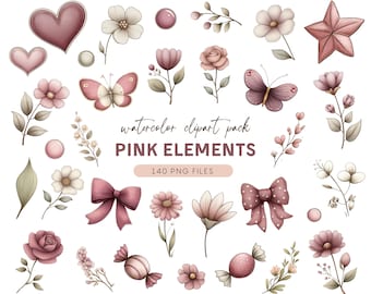 Dusty Pink Elements Clipart Bundle – 140 Watercolor Mini Icons, Florals, Bows, Butterflies, Hearts PNG Set, Wedding Crafts, Nursery Design