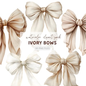 以下が含まれることがあります： さまざまなスタイルのアイボリーリボンの水彩クリップアートパック。リボンはクリーム色とベージュ色で、詳細な陰影と折り目があります。「IVORY BOWS」の文字がリボンの下に表示されています。