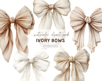 Ivory Bow Clipart, Watercolor PNG Graphics for Baby Shower, Wedding Decor, Digital Download, Elegant Clip Art Designs