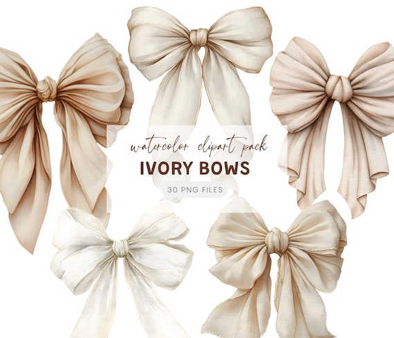 Ivory Bow Clipart, Watercolor PNG Graphics for Baby Shower, Wedding Decor, Digital Download, Elegant Clip Art Designs