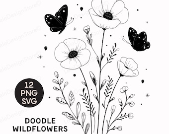 Doodle Wildflowers Clipart – 12 Line Art Flowers with Butterflies, Minimalist SVG & PNG Botanical Bundle, Commercial Use, Digital Download