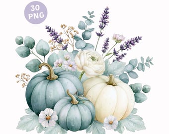 Muted Blue Pumpkin Clipart PNG – 30 Watercolor Pumpkin & Autumn Foliage Arrangements for Seasonal Projects