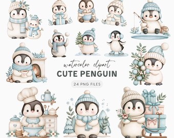 Penguin Clipart - 24 PNG Cute Watercolor Penguins For Christmas And Winter Digital Art, Whimsical Bundle
