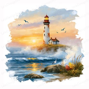Può includere: Dipinto ad acquerello di un faro al tramonto. Il faro è bianco e rosso, con una piccola casa accanto. Le onde si infrangono contro le rocce e i gabbiani volano nel cielo. Il sole tramonta sullo sfondo.