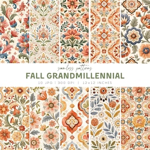 May include: A collection of ten seamless digital patterns featuring floral and geometric motifs in shades of orange, blue, green, and cream. The text reads: seamless patterns FALL GRANDMILLENNIAL 10 JPG | 300 DPI | 12x12 INCHES.