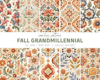 Fall Grandmillennial Seamless Patterns – 10 JPG Cozy Autumn Backgrounds in Terracotta & Brown, Preppy Autumn Fabric, Cozy Halloween Crafts