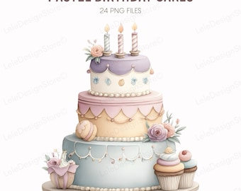 Pastel Birthday Cakes Clipart Set – 24 Watercolor Celebration Cakes for Greeting Cards, Party Dessert PNG Bundle, Digital Download