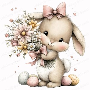 Puede incluir: Ilustración acuarela de un conejito con lazo rosa, sosteniendo un ramo de flores. Huevos de Pascua en colores pastel están a los pies del conejo. La imagen tiene una estética suave y caprichosa.