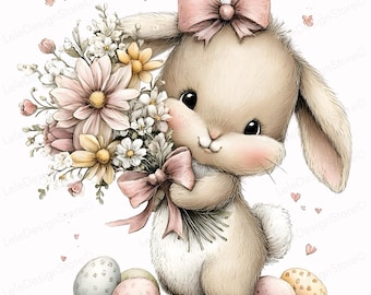 24 Whimsical Easter Bunny PNG, Fluffy Rabbits with Eggs and Flowers for Cards