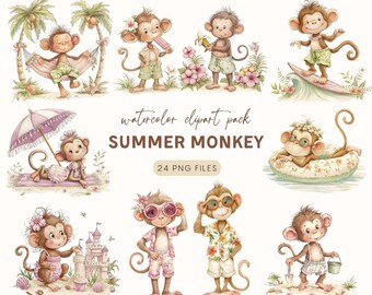 Summer Monkey Clipart Set – 24 Watercolor Cute Animals at the Beach, Tropical Vacation PNG Bundle, Sublimation Design