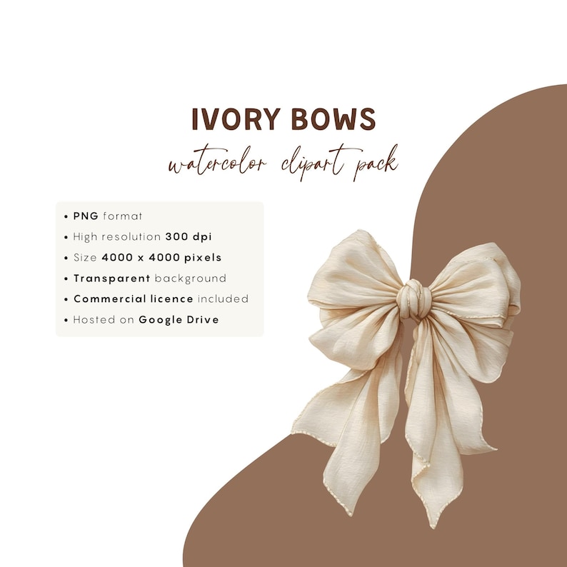 Peut inclure: Illustration d'un pack de cliparts aquarelle "IVORY BOWS" avec un n&oelig;ud ivoire. L'image pr&eacute;sente un n&oelig;ud cr&egrave;me avec des rubans fluides. Le texte sur l'image comprend "IVORY BOWS" et "watercolor clipart pack". Autres d&eacute;tails : format PNG et haute r&eacute;solution.