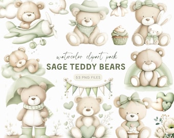 Teddy Bear Clipart PNG, Sage Green Baby Boy Nursery Graphics Collection ...