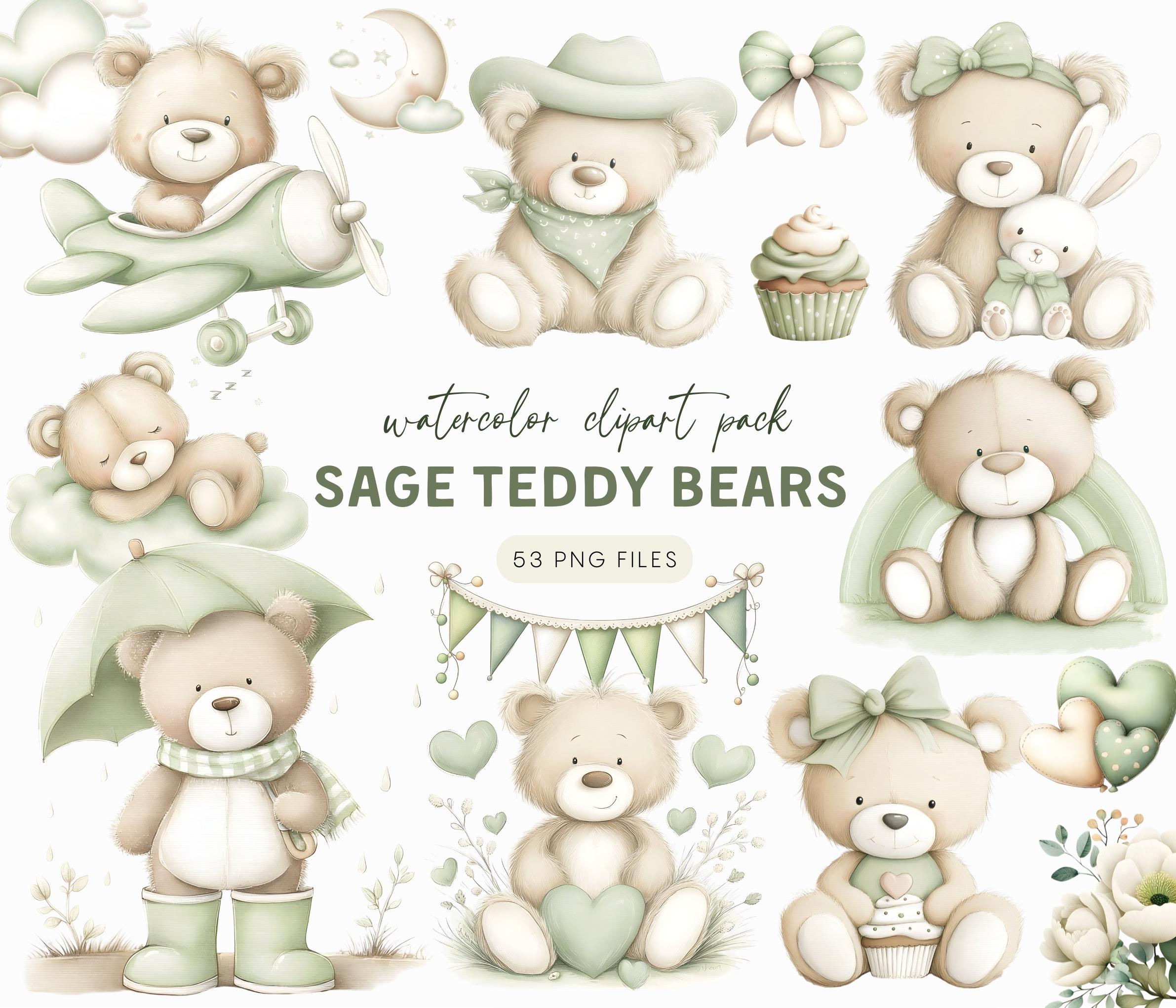 Teddy Bear Clipart PNG, Sage Green Baby Boy Nursery Graphics Collection ...