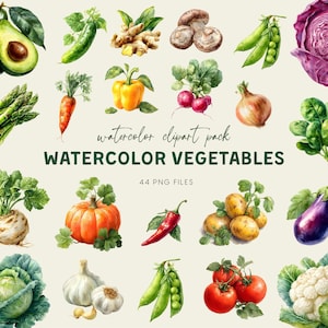 Może przedstawiać: Akwarelowa ilustracja różnych warzyw, w tym awokado, szparagów, marchewki, dyni i pomidorów. Wyświetlany jest tekst "WATERCOLOR VEGETABLES" wraz z "44 PNG FILES".