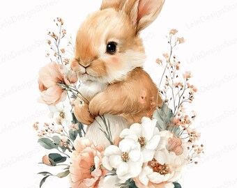 24 Floral Easter Bunny Clipart, Watercolor Spring Rabbits with Flowers Graphics Bundle, PNG