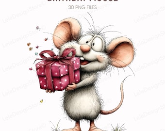 24 PNG Birthday Mouse Party – Whimsical Animal Illustrations for Cards & Crafts, Clipart Set, Commercial Use