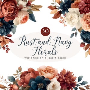 Könnte beinhalten: Ein Aquarell-Clipart-Paket mit floralen Arrangements in Rost, Marine, Pfirsich und Weiß. Das Design umfasst verschiedene Blumenarten und Blätter. Der Text "Rust and Navy Florals" wird in eleganter Schrift angezeigt, darunter "watercolor clipart pack".