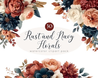 Terracotta And Blue Wedding Clipart – Rust And Navy Floral Arrangements