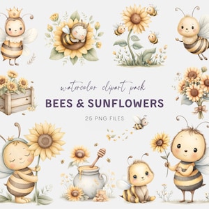 Può includere: Pacchetto di clipart ad acquerello con api e girasoli. L'immagine presenta illustrazioni di api, girasoli e vasetti di miele. Il testo "BEES & SUNFLOWERS" è al centro, con "25 PNG FILES" sotto. Le illustrazioni sono in colori pastello.