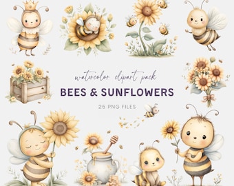 Sunflower and Bee Watercolor Clipart, Digital PNG for Crafts, Floral Art, Cute Bee Graphics for DIY Projects