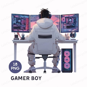 Puede incluir: Ilustración de una persona con una sudadera con capucha blanca y auriculares, sentada en un escritorio con tres monitores de ordenador. Una torre de ordenador con luces rosas está al lado del escritorio. El texto "GAMER BOY" está en la parte inferior.