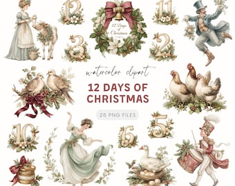 12 Days Of Christmas Clipart - 25 PNG Victorian Style Watercolor Graphics For Holiday Crafting, French Hens, Digital Download for Xmas Cards