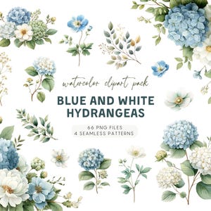 Può includere: Pacchetto di clipart ad acquerello con ortensie blu e bianche e altri elementi floreali. L'immagine include varie composizioni di fiori, foglie e boccioli nei toni del blu, bianco e verde. Il testo sull'immagine recita "BLUE AND WHITE HYDRANGEAS".