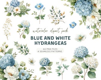 Watercolor Flower Blue Green White Hydrangea Clipart, Elegant Floral PNG for Wedding Invitations & Decor, Flower Borders, Seamless Patterns
