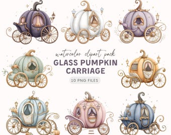 Glass Pumpkin Carriage Clipart - 10 Watercolor Fairytale Princess PNG, Magical Coach Illustration, Digital Download for Crafts