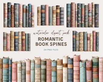 May include: Watercolor clipart pack featuring a collection of romantic book spines. The spines are in various colors, including pink, blue, and gold, with floral and decorative designs. The text "ROMANTIC BOOK SPINES" and "24 PNG FILES" is also visible.