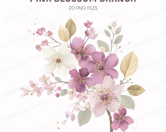 Clipart-set med rosa blomkvistar – 20 akvarell körsbärsblomsgrenar, mjukrosa och vita blommor i PNG-format