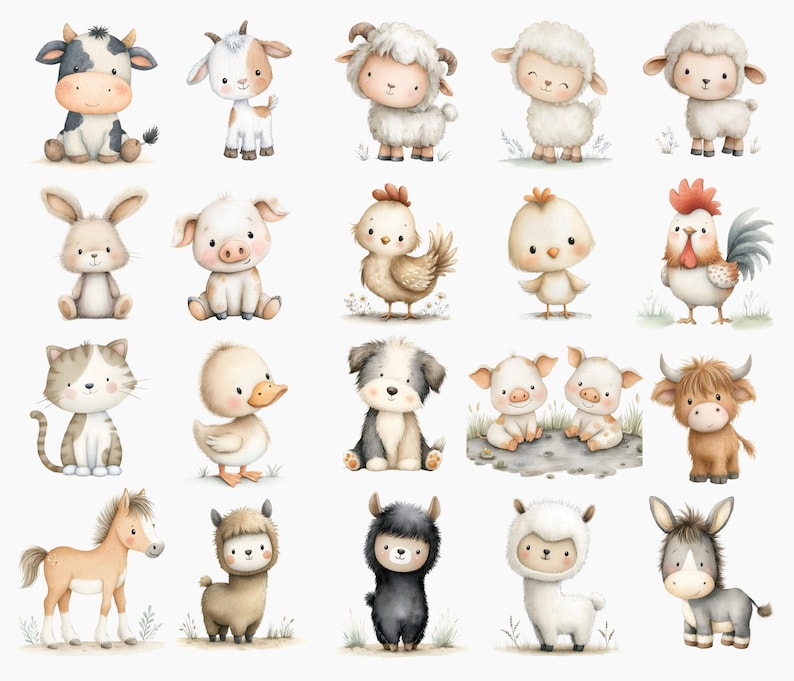 Watercolor Farm Animals Clipart, Baby Animals PNG - Etsy