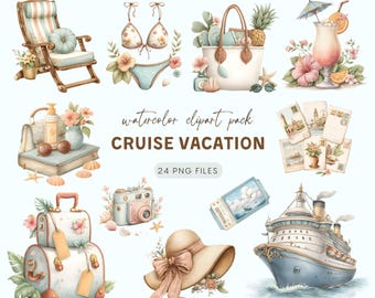 Cruise Vacation Clipart Set – 24 Watercolor Summer Illustrations, Vacation Memories, Fun Travel Designs, Ship & Sunset PNG Bundle