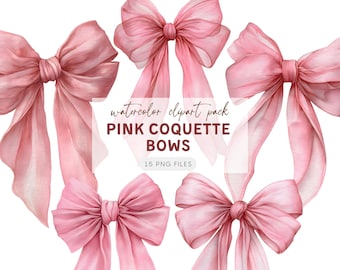 Pink Coquette Bow Clipart Bundle, Watercolor Pink Bow Ribbon Clipart, Coquette Bow png, Bow Ribbon Clipart, Pink Bow png, Bow Clipart