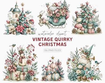 Vintage Quirky Christmas Clipart PNG – 36 Whimsical Retro Holiday Illustrations for Cards Invitations & Sublimation Design