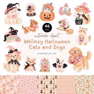 May include: A collection of 46 watercolor digital illustrations featuring cats and dogs in Halloween costumes, including pumpkins, witches' hats, and ghosts, alongside patterned backgrounds with pumpkins, stars, and plaid designs.