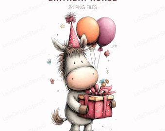 24 PNG Birthday Horse Party – Whimsical Animal Illustrations for Cards & Crafts, Clipart Set, Commercial Use