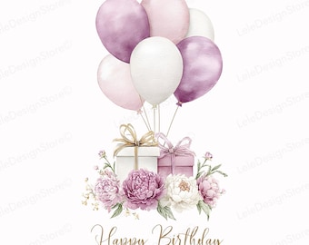 Joyeux anniversaire ballons PNG, 25 cliparts aquarelle en or rose avec coeurs et coffrets cadeaux