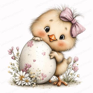 May include: A delightful illustration of a fluffy yellow chick with a pink bow, embracing a speckled Easter egg decorated with pink floral accents. Delicate flowers and greenery surround the egg, creating a whimsical spring scene.