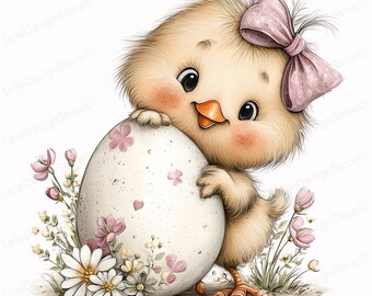 24 Whimsical Easter Chick PNG, Watercolor Chicken with Eggs and Flowers for Greeting Cards, Digital Download