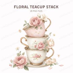18 Stack of Floral Teacups Clipart, Vintage Watercolor Tea Party PNG, Printable Watercolor, Paper Craft, Junk Journal (Digital Download)