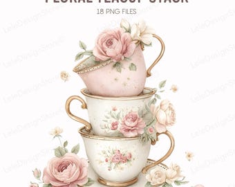 18 Stack of Floral Teacups Clipart, Vintage Watercolor Tea Party PNG, Printable Watercolor, Paper Craft, Junk Journal (Digital Download)