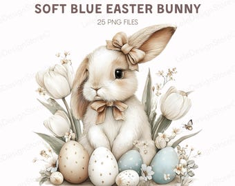 Easter Clipart PNG – 25 Soft Blue Floral Bunny Collection, Daisy Watercolor Graphics Bundle, Junk Journal, Scrapbooking, Greeting Cards