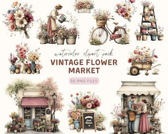 Flower Market Cart Clipart, 35 Vintage Floral Graphics for Scrapbooking, Watercolor Spring Art, Digital Download