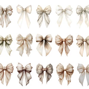 Peut inclure: Une collection de quinze n&oelig;uds papillon aquarelle dans des tons cr&egrave;me, beige et marron. Chaque n&oelig;ud pr&eacute;sente des ombres et des textures d&eacute;taill&eacute;es, avec des rubans fluides. Les n&oelig;uds sont dispos&eacute;s sur fond blanc, mettant en valeur leurs motifs d&eacute;licats.