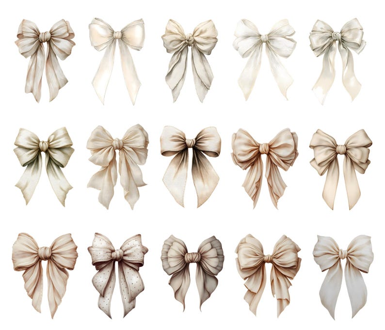 Peut inclure: Une collection de quinze n&oelig;uds papillon aquarelle dans des tons cr&egrave;me, beige et marron. Chaque n&oelig;ud pr&eacute;sente des ombres et des textures d&eacute;taill&eacute;es, avec des rubans fluides. Les n&oelig;uds sont dispos&eacute;s sur fond blanc, mettant en valeur leurs motifs d&eacute;licats.