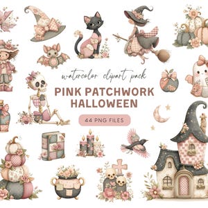 May include: A collection of watercolor clipart featuring pink patchwork Halloween designs. Includes a witch, cat, pumpkins, ghost, and other festive elements. The text reads "Pink Patchwork Halloween" and "44 PNG FILES".
