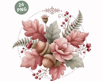 Woodland Autumn Arrangement Clipart PNG – 24 Watercolor Fall Foliage & Berry Wreaths for Seasonal Projects